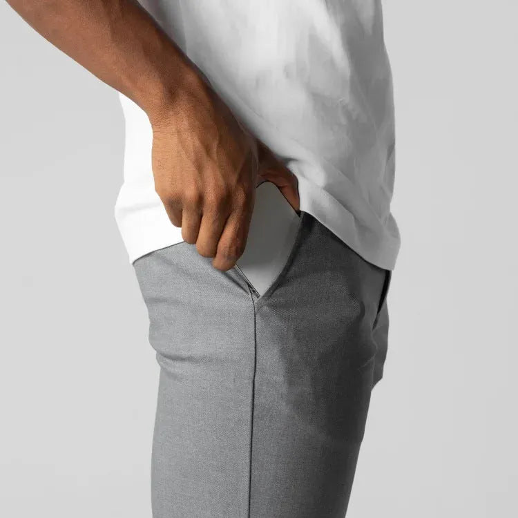 Men's grey straight-leg cotton blend business trousers with elastic waist and zip fly