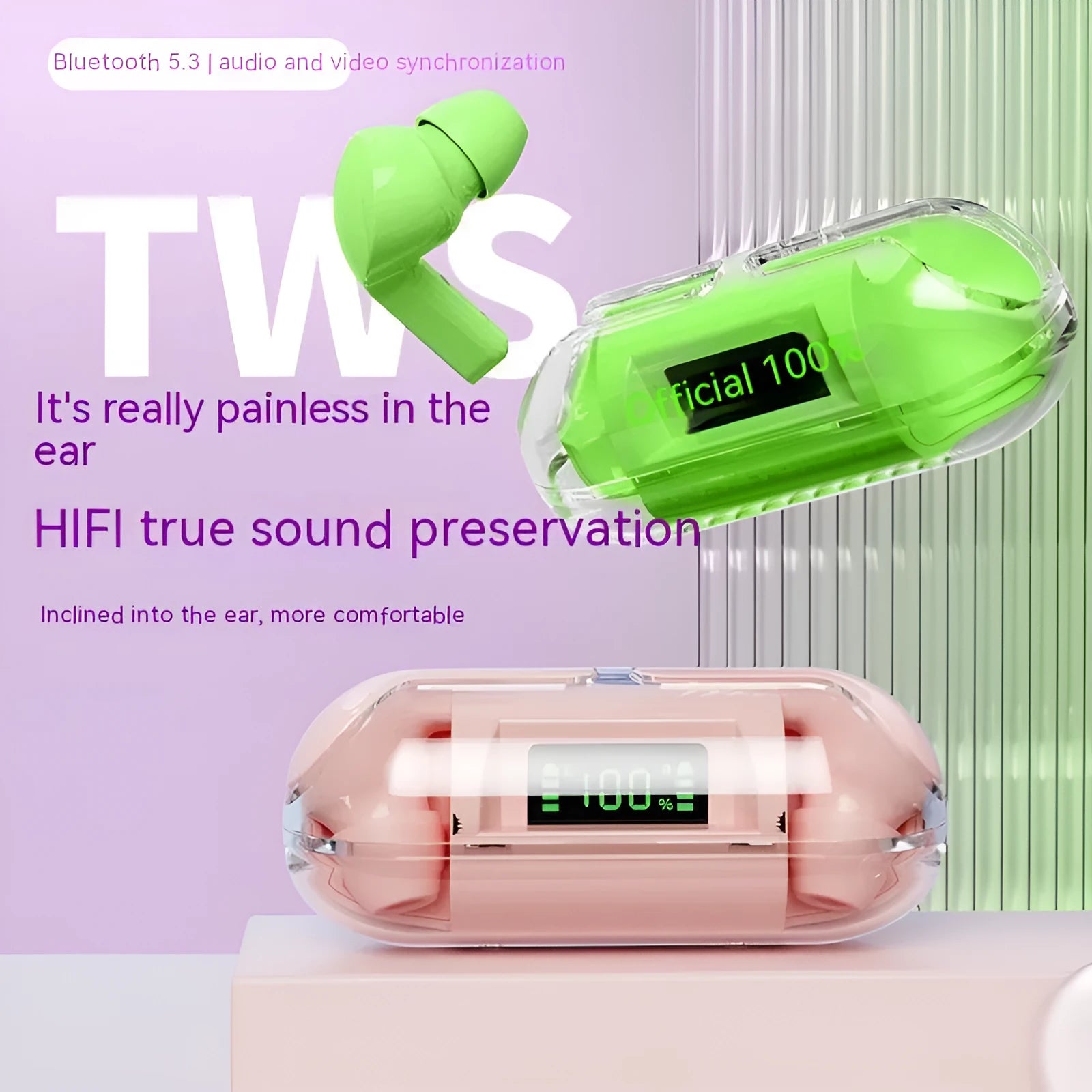 Transparent wireless Bluetooth headset with digital display on case, shown in pink colour