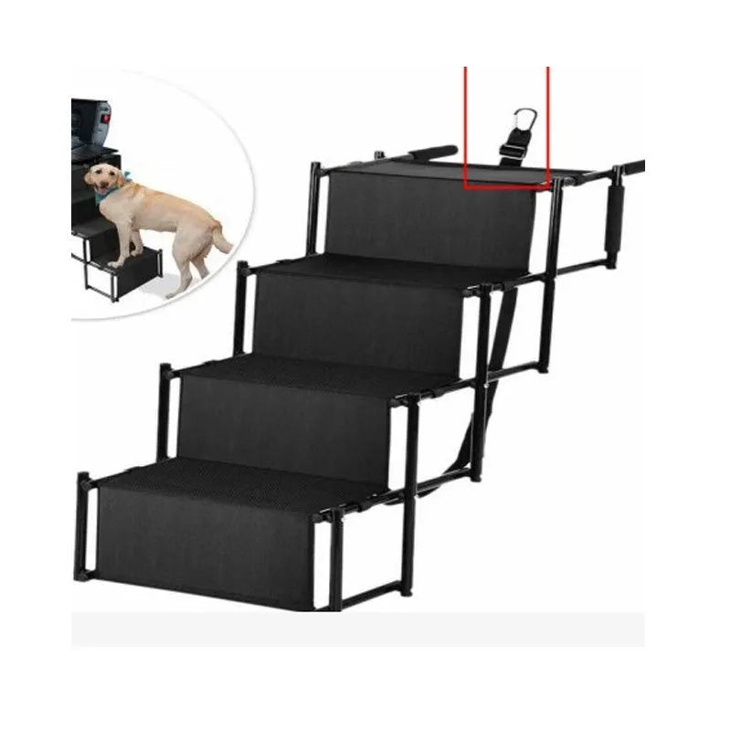 Folding stainless steel dog ladder for vehicle access showing black colour option