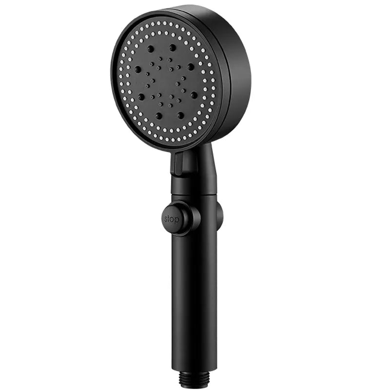Black portable shower head with five spray mode settings and a long silver hose.