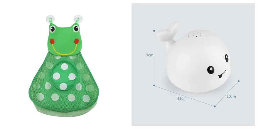 Whale-shaped electric bath toy spraying water with flashing lights, floating in baby bathtub