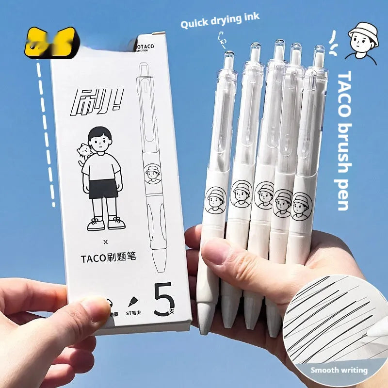 Five black Taco ballpoint pens with 0.5mm tips for student writing