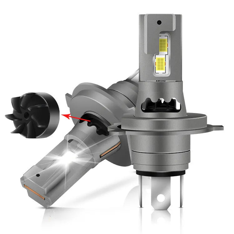 H4 LED car headlight bulb with fan cooling and aluminium housing, white light, IP65 waterproof