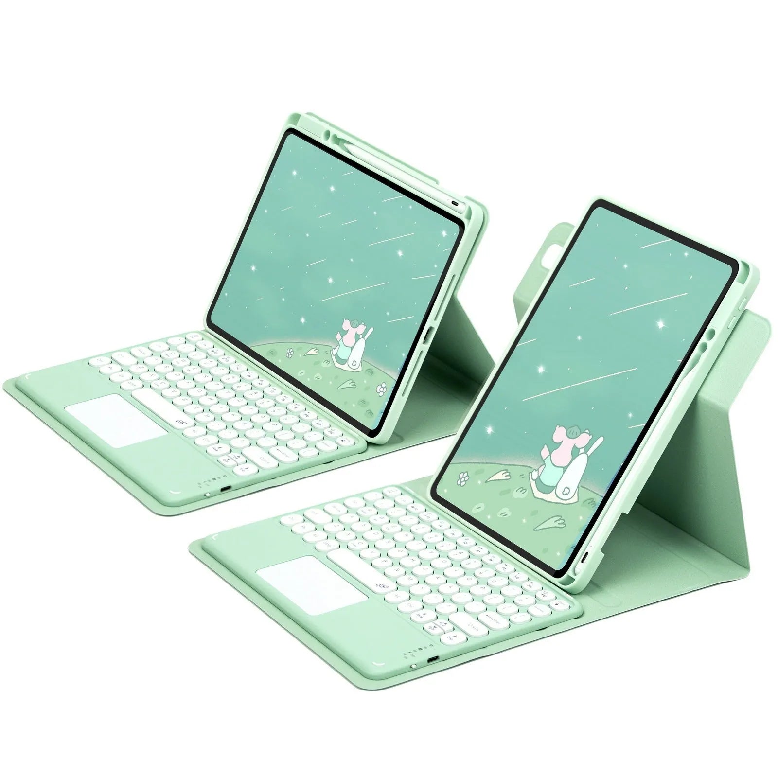 Acrylic rotating Bluetooth keyboard case with pen slot for iPad in black, showing keyboard and protective cover