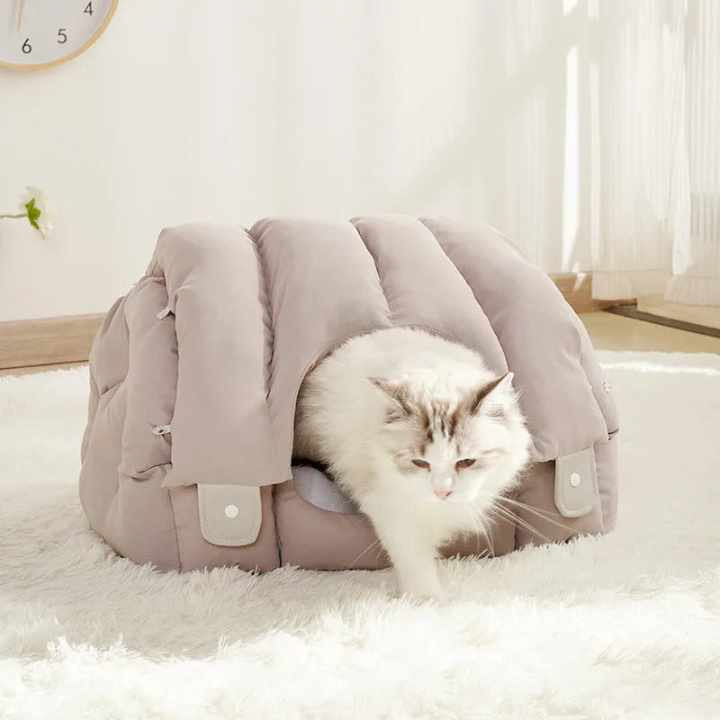 Grey and green dual-purpose arched pet bed shown as an enclosed cat nest and an open sofa bed for cats and dogs.