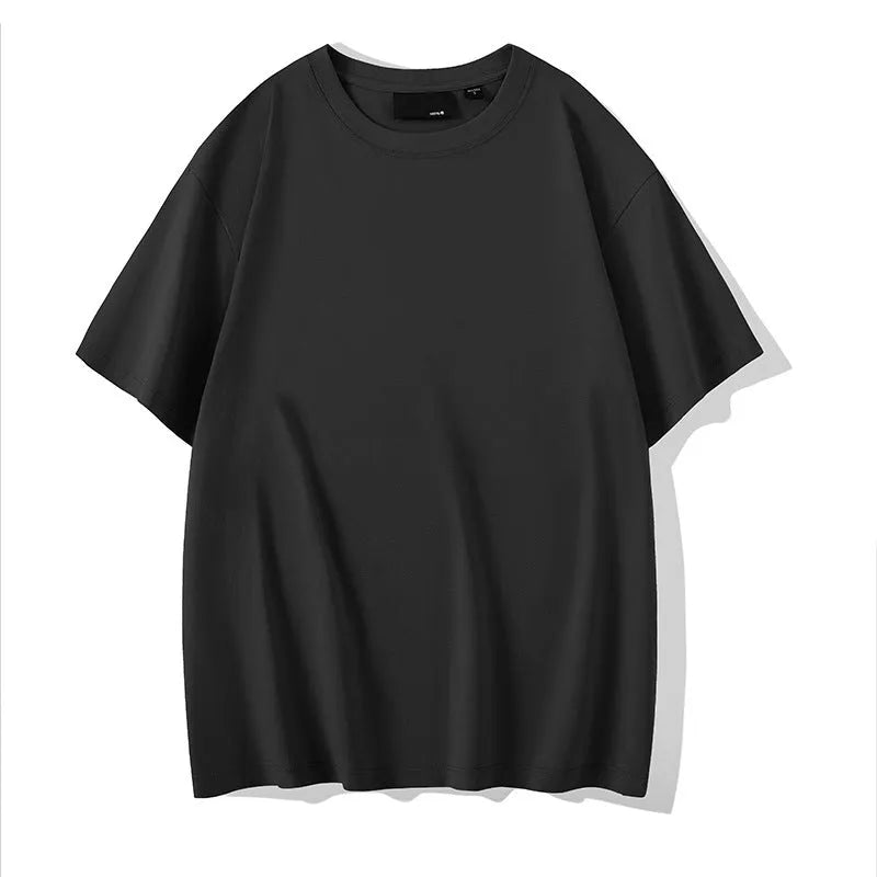 Solid colour round neck casual shirt with drop-shoulder sleeves, shown in a loose fit on a model.