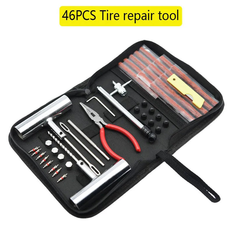 Tyre repair kit first aid set with 45 steel tools in cloth storage bag