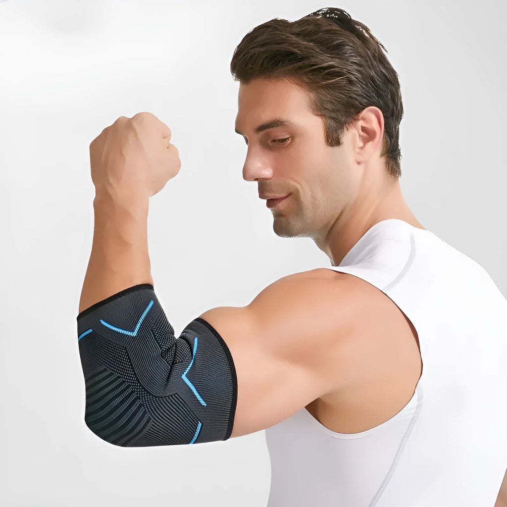 Grey knit elbow pad with coloured stripes for sports and fitness protection, shown on arm