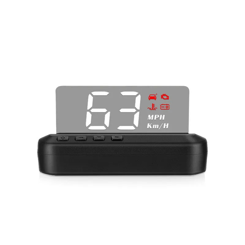 Black Head Up Display car projector with OBD cable and 2.0 inch screen.