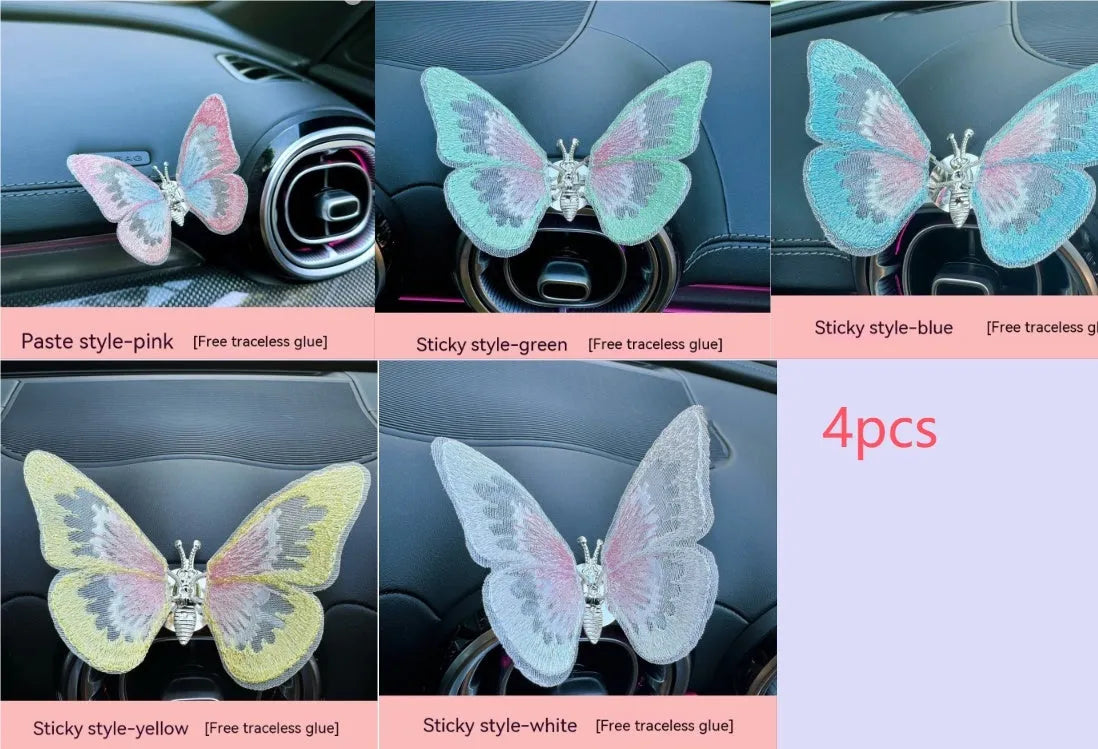 Embroidered butterfly fabric decoration for car air vent or dashboard in multiple colour options