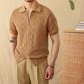 Light brown cotton casual cardigan with zipper and lapel collar on a hanger.