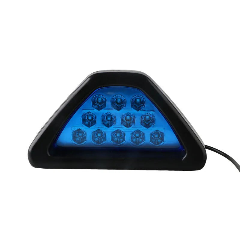 Universal triangular LED brake warning light for car and motorcycle in red, blue, green, white options.