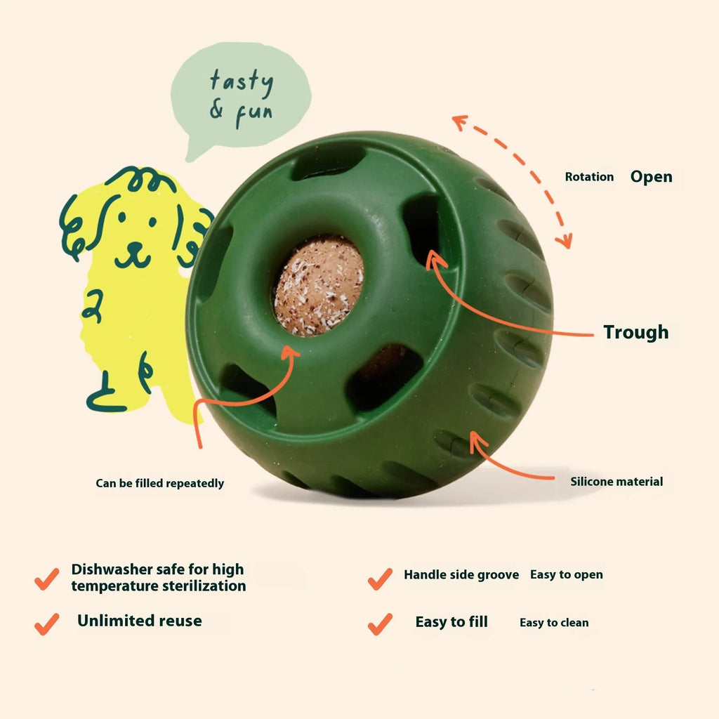 Dog silicone slow meal ball and tray set in green and orange on a light background