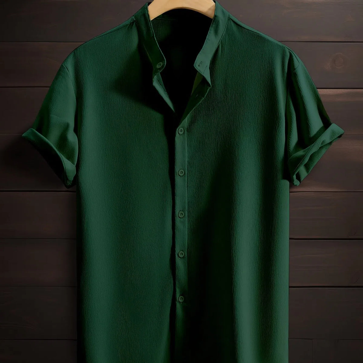 Men's casual breathable polyester fibre stand collar short sleeve shirt in solid colour, loose fit non-iron, front view