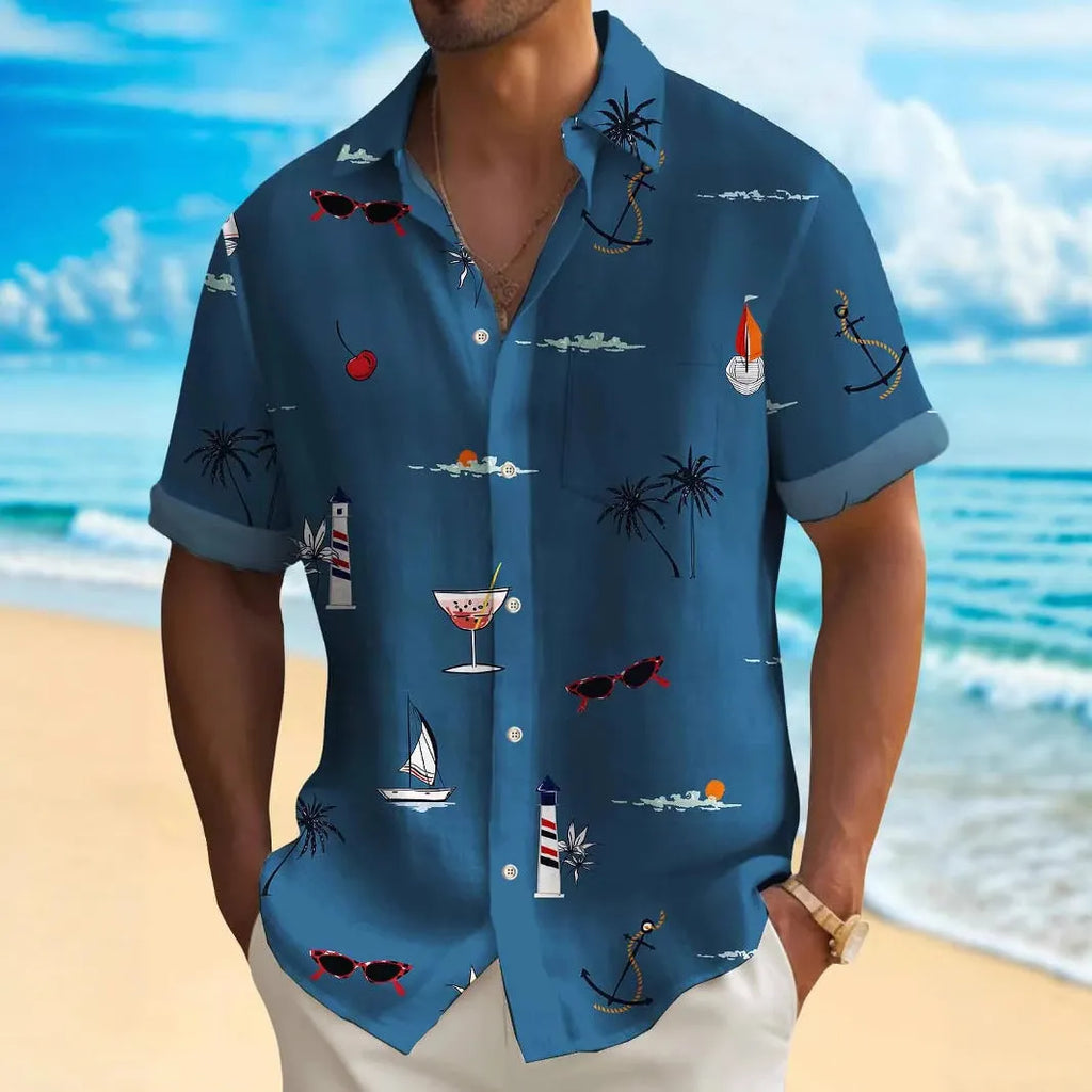 Man wearing a loose-fit, short-sleeve Hawaiian shirt with a digital floral print.