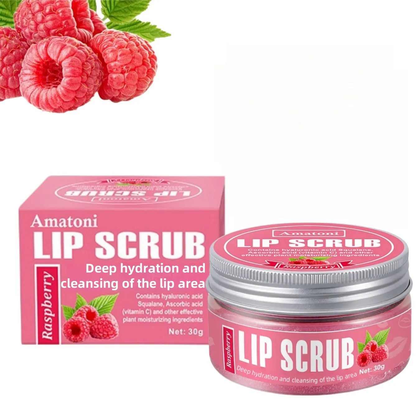Amatoni Lip Scrub pot in four flavour options: coconut, raspberry, vanilla, and watermelon