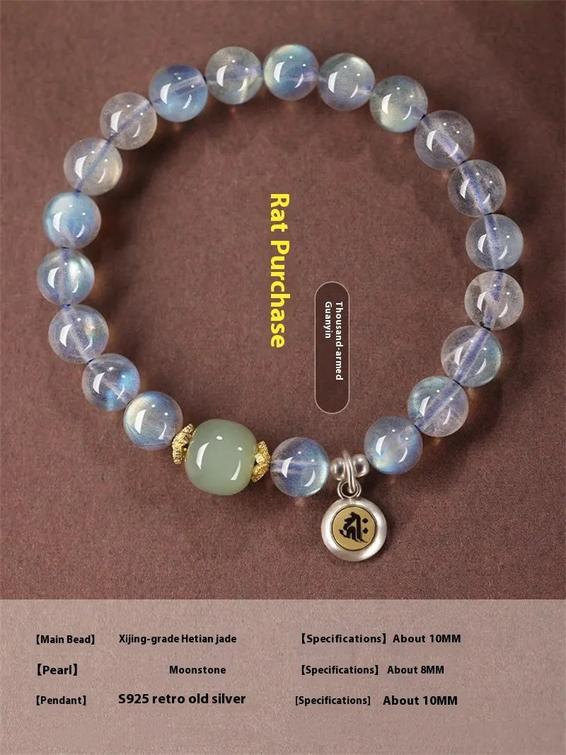 Birth Buddha Beads moonstone bracelet with Thousand-Hand Guanyin Mouse charm and electroplated finish