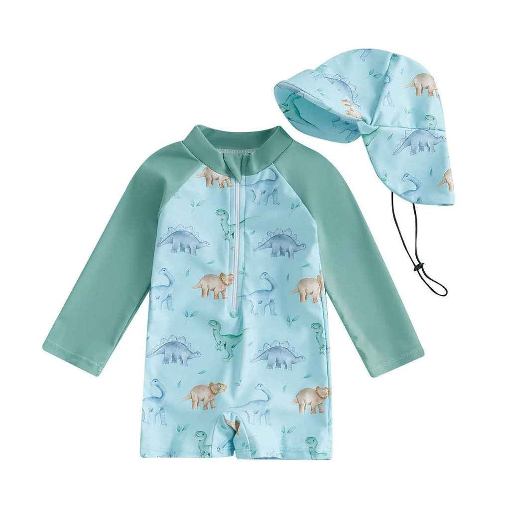 Baby wearing a dinosaur light green sleeve one-piece long sleeve swimsuit