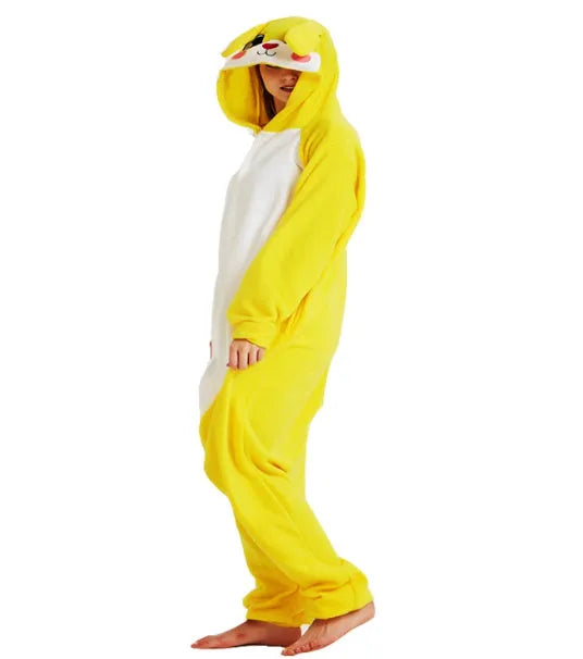Unisex velvet cartoon rabbit one-piece pajamas in green, pink, purple, yellow, and rose-red colours