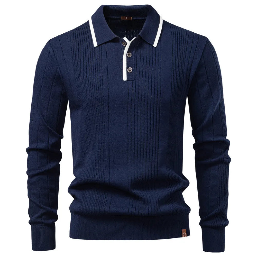 Men's knitted sweater with lapel zipper, long sleeves, dark blue, viscose blend pullover