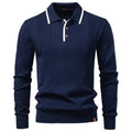 Men's knitted sweater with lapel zipper, long sleeves, dark blue, viscose blend pullover