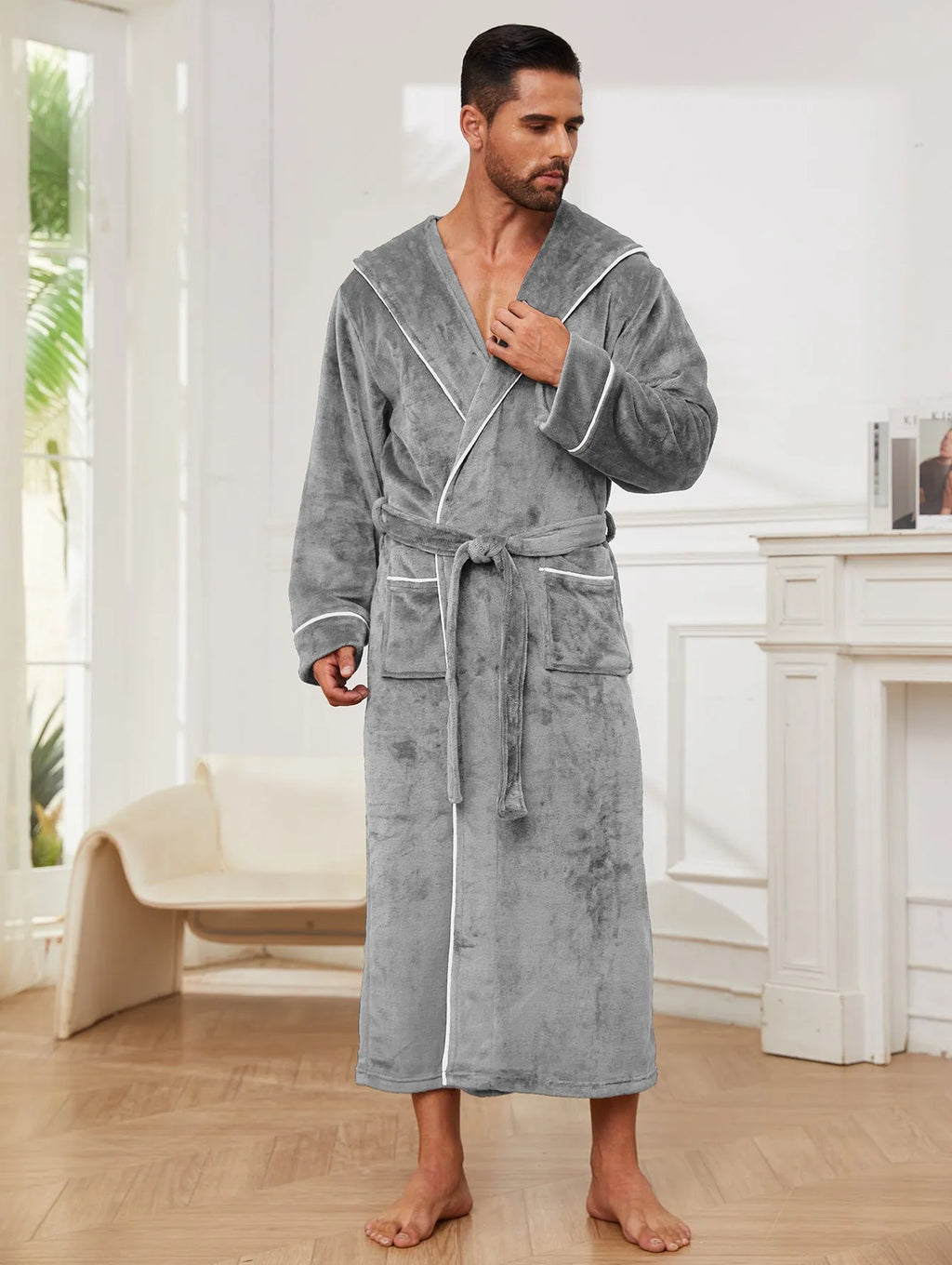 Men's flannel bathrobe in light grey, dark blue, or black polyester for winter