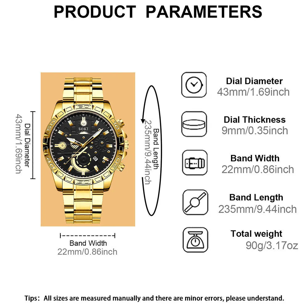 Gold men's business watch with steel strap showing calendar function and spiral crown