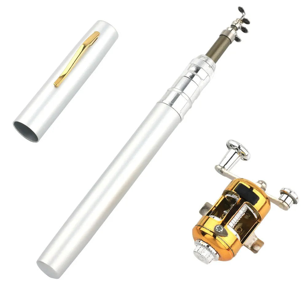 Gold telescopic pocket fishing rod kit collapsed next to its aluminium pen case and ST5RL plastic reel.
