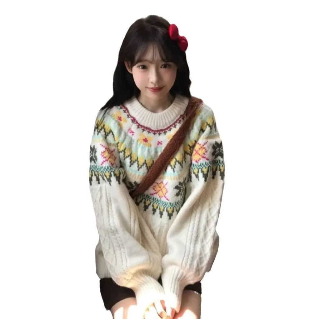 Milky white women's pullover sweater with lantern sleeves and a loose fit.