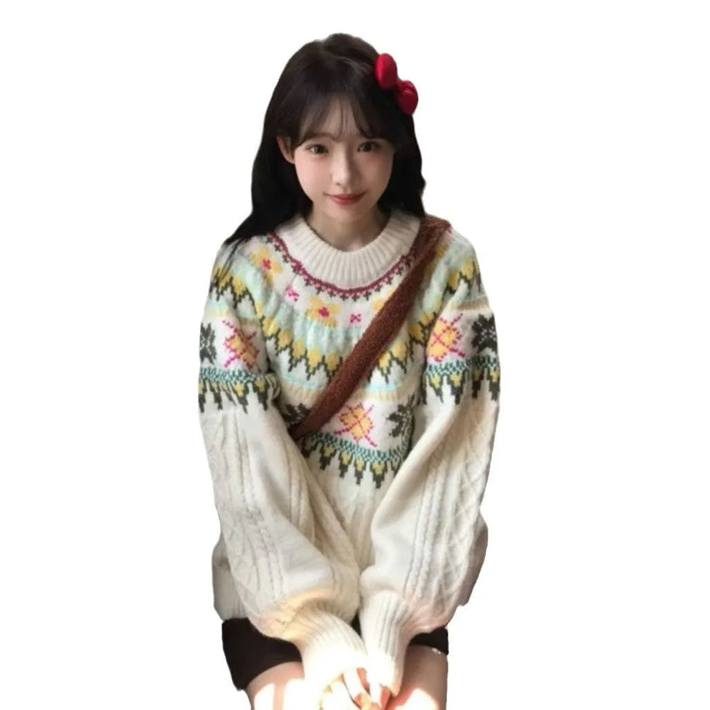 Milky white women's pullover sweater with lantern sleeves and a loose fit.