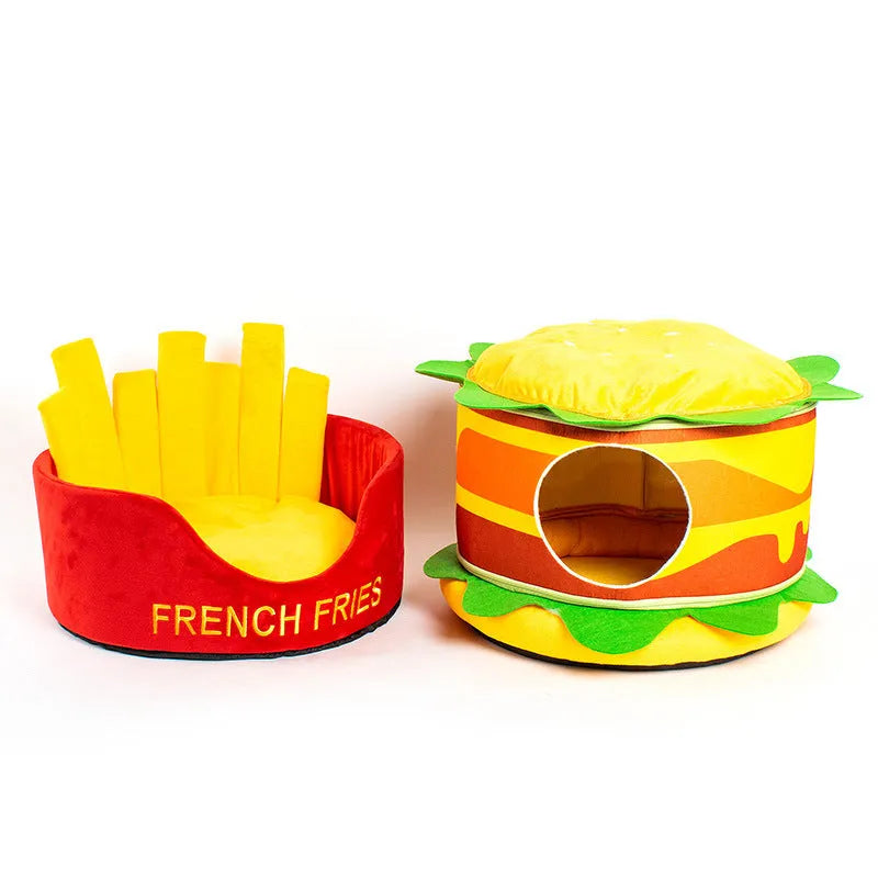Crystal super soft velvet cat bed in French fries or hamburger shape with reversible cushion