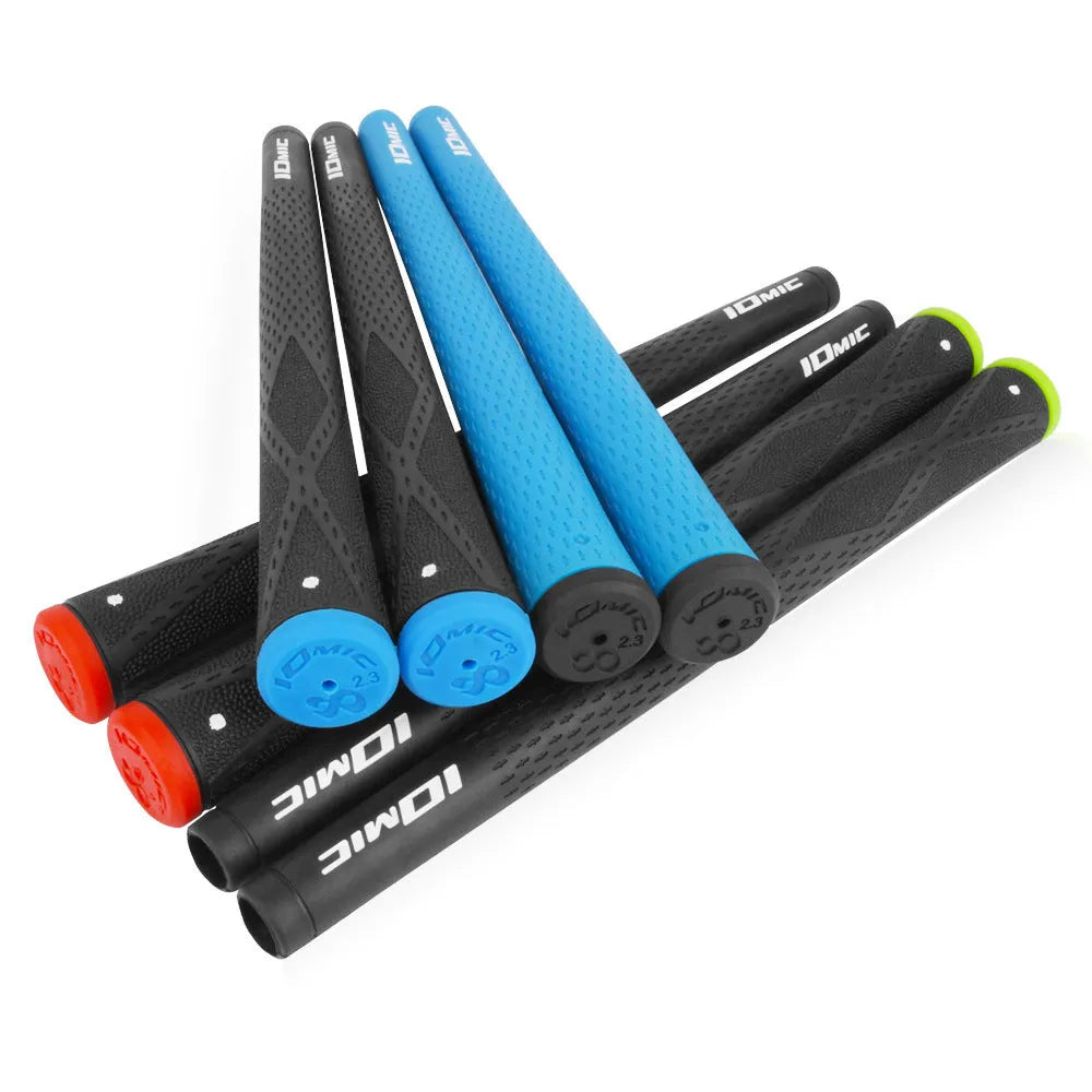 TPE golf club grip in assorted colours including pink, red, blue, white, and two-tone black combinations.