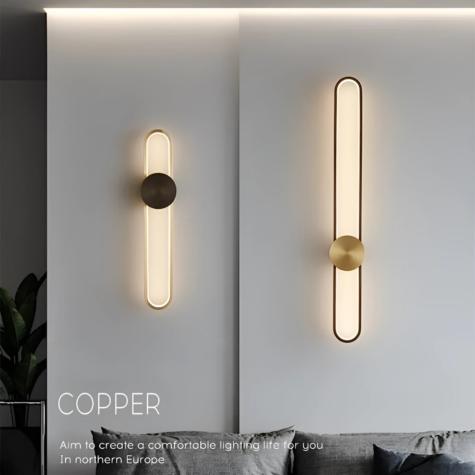 Modern round iron wall lamp with black or gold frame, 60cm diameter, emitting warm LED light