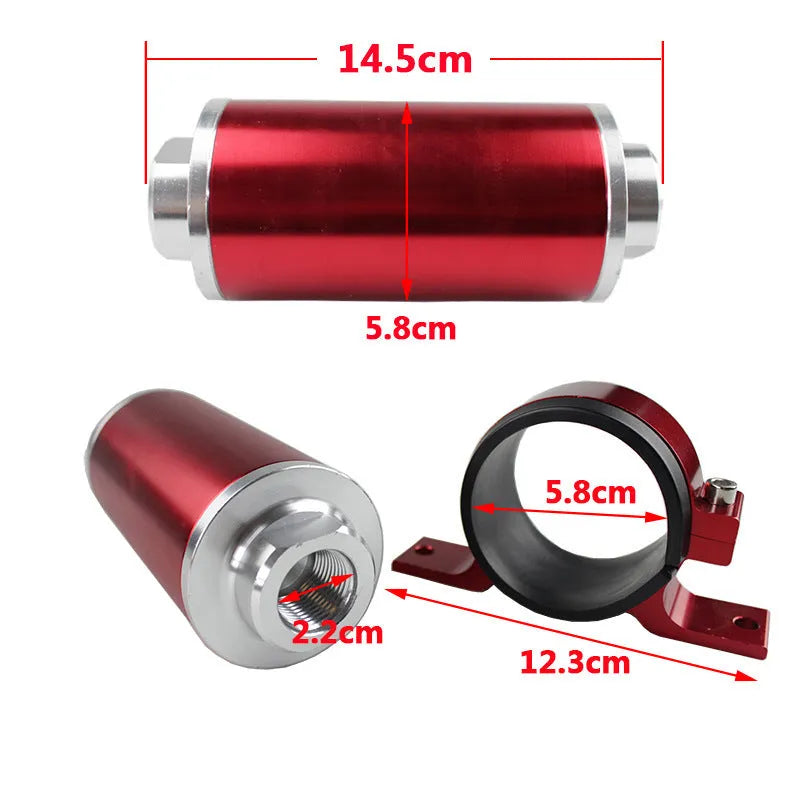 Aluminium alloy petrol filter bracket shown in available colours: black, silver, blue, red, gold, purple.