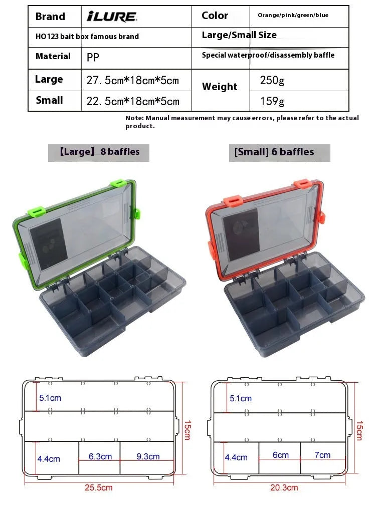 Orange waterproof plastic fishing lure storage box with lid open.