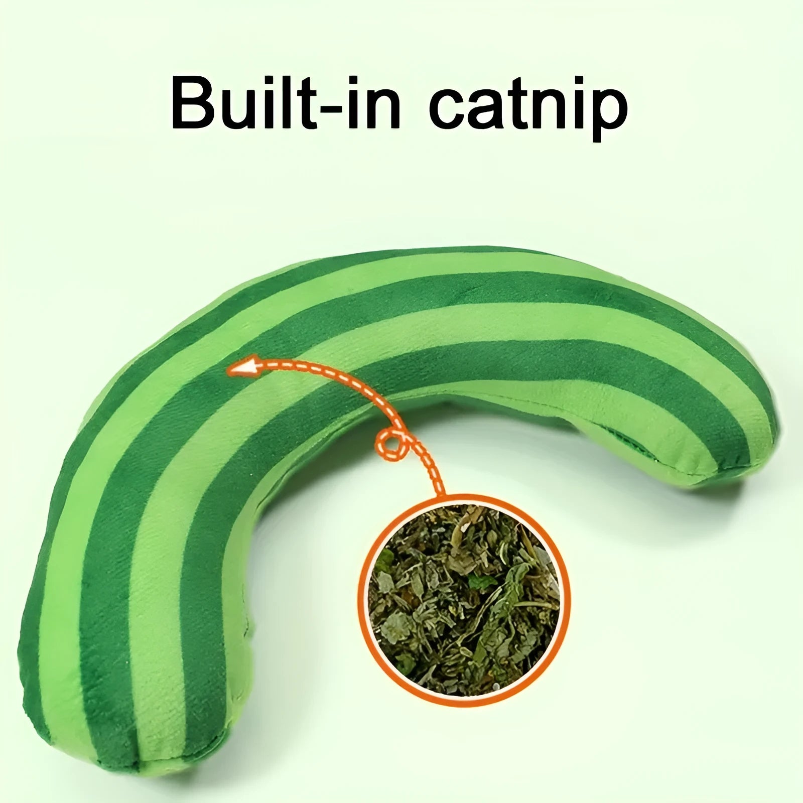 Striped pattern cat pillow with noise toy containing built-in catnip, measuring 23 by 20 centimetres