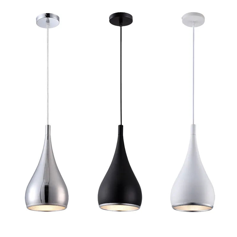 Minimalist iron pendant chandelier with single head or three-head disc and long plate options in black, white, or chrome finish.