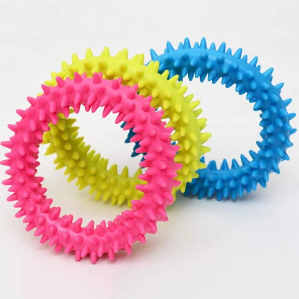 Blue TPR spiky circle ring dog chew toy for dental health and bite training.