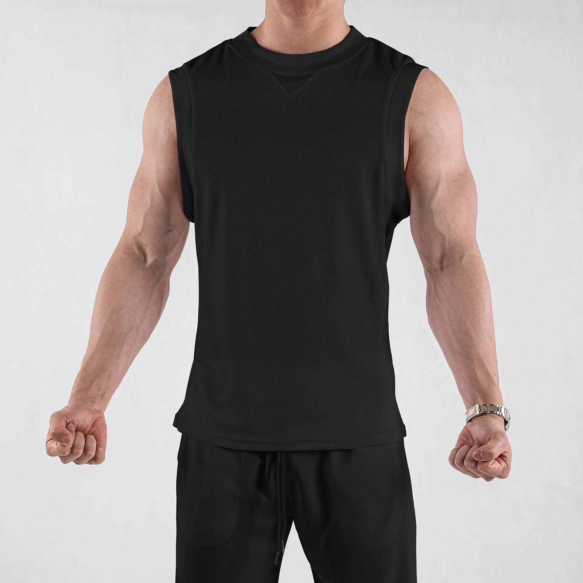 Men's black polyester sports vest with loose fit design for summer fitness activities