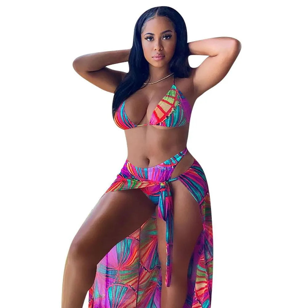 Three-piece split swimsuit floral print bikini set in green orange red, nylon quick-drying swimwear sizes S to XL