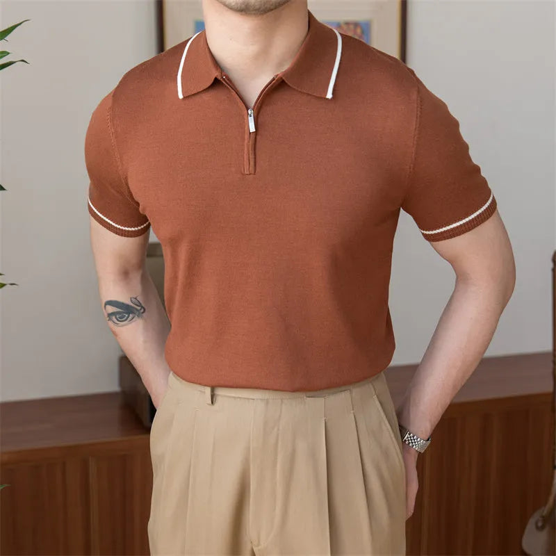 Men's slim fit knitted polo shirt, short sleeve, retro washed finish, white royal blue coffee, sizes M-4XL