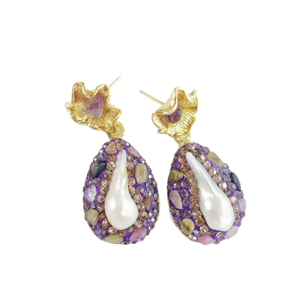 Purple pearl and crystal teardrop lotus leaf drop earrings for women with inlaid diamond detail