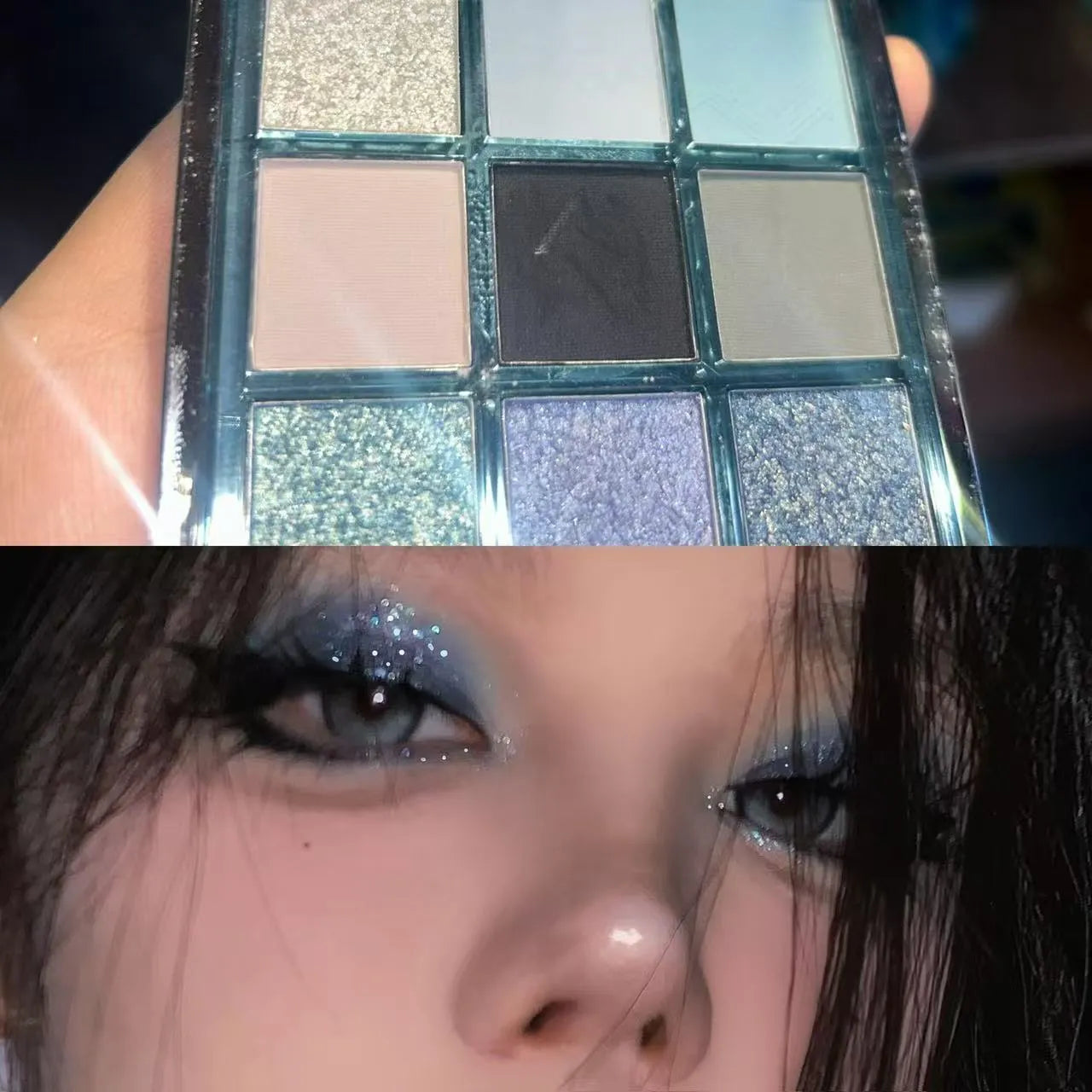 MUGELEEN nine-colour eye shadow palette open showing blue smoked and earth tone shades with matte and shimmer finishes.