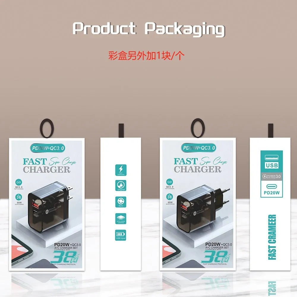38W transparent plastic case Type-C charging adapter with EU round plug feet