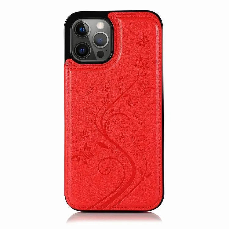 Butterfly embossed leather phone case, rear cover style, available in light purple, mint green, pink, and other colours.