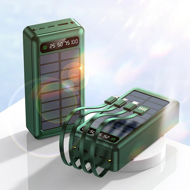 Solar power bank with cables in black, white, or green colours showing 30000 mAh capacity and solar panel