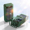 Solar power bank with cables in black, white, or green colours showing 30000 mAh capacity and solar panel
