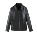 Men's black PU leather casual jacket with zipper pockets and loose fit