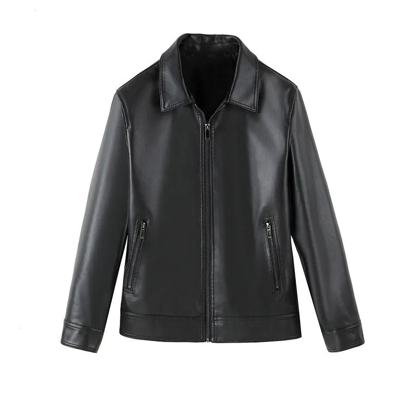 Men's black PU leather casual jacket with zipper pockets and loose fit