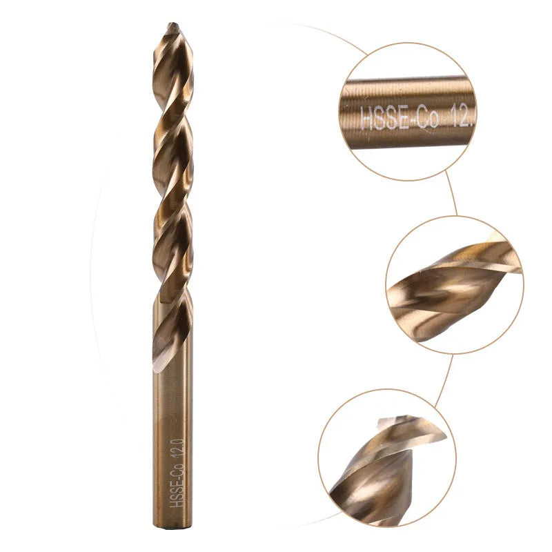 Stainless steel straight shank drill bit set with sizes from 1mm to 10mm for metal and wood drilling.